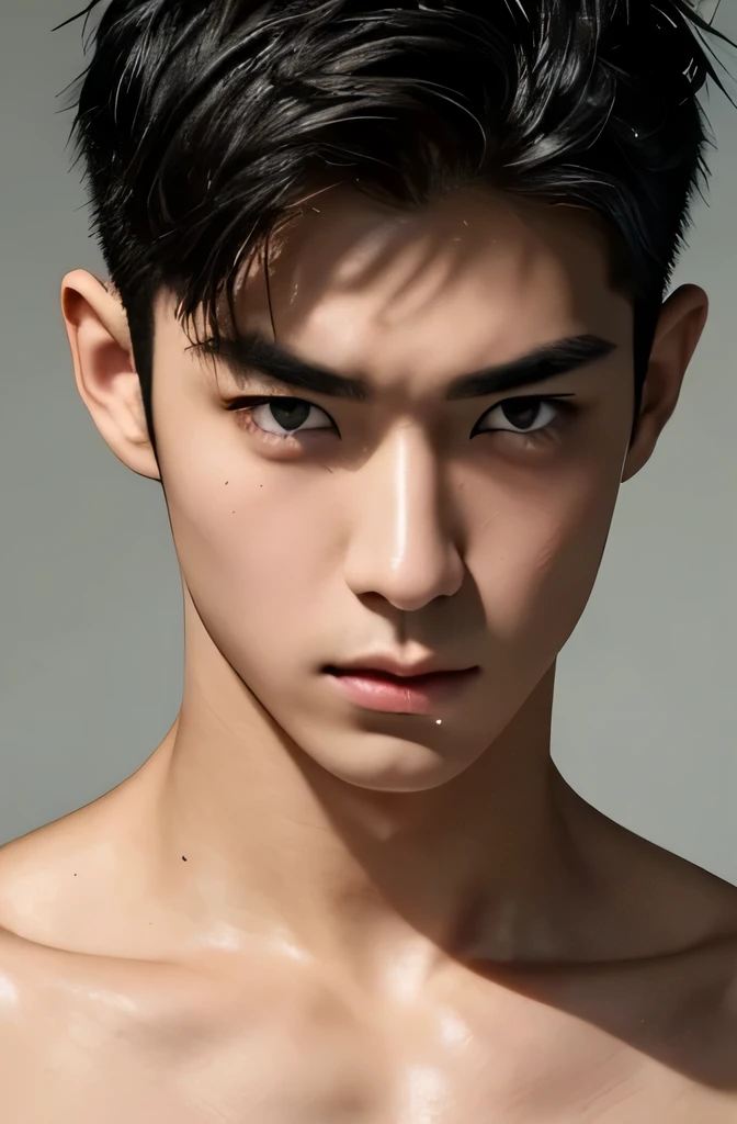 Handsome Japanese male model 17 years old Black Hair Short Hair Trimmed 童face Beautiful Skin Slim and muscular Fierce face shoulder Shaved head Watery eye nude No background Face-up photo Photo slightly subtracted Staring at the camera with tearful eyes no background True Face