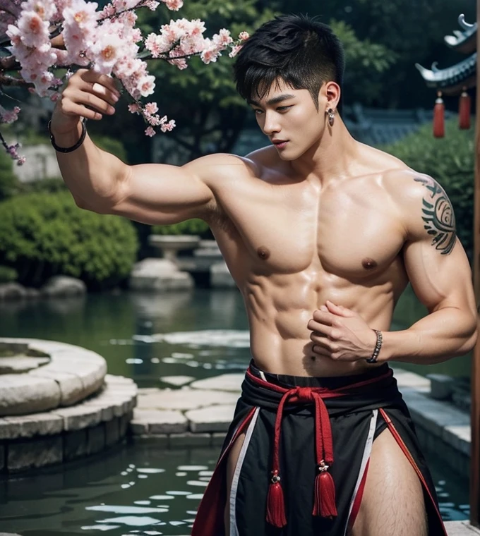 2 Handsome chinese guy kissing, smilling at each other, bare chest , show the abs, 20 years old,hug, cuddle, touching lips, skin ship, romantic,  Asian, chinese hansome actor, kpop idol, handsome male model,manly, master work, best picture quality, higher quality, high detail, super high resolution, 8k resolution, perfect clear light,perfect eyes, perfect skin, manly jawline, manly chin, perfect hands, big  chest muscles,  bare chest, big juicy butts, tattoos chest, tattoo hands, tattoo legs, tattoo back, tattoo arms,earings, ancient pendents,  braceles, glowing eyes, short hair, hair details, detailed background , open Hanfu transparent (see throught), skinny short,super sexy loincloth, detailed perfect abs, Chinese garden background, Chinese kung fu,skinny dragon-themed costumes, spinning floating particles, chinese temple in background,