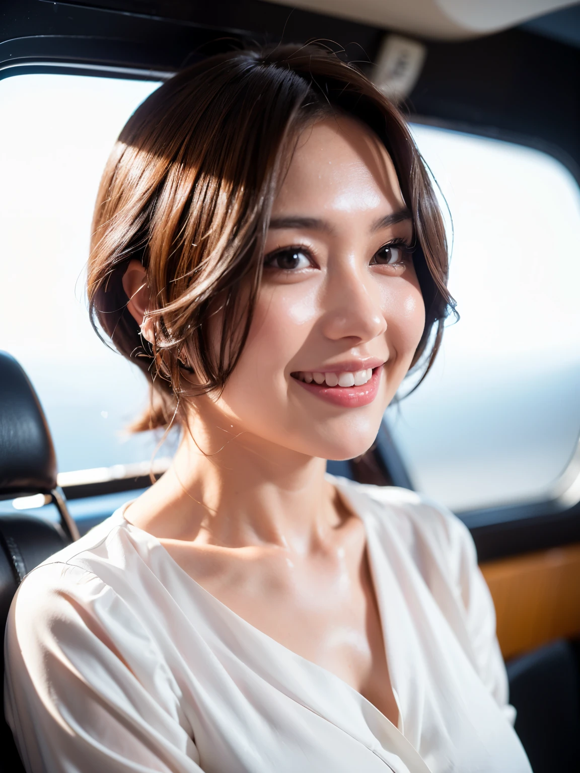 (highest quality, 8k, 32k, masterpiece, Ultra-high resolution:1.2),Beautiful Japanese Women Photos, Standard body shape、(D cup breasts:1.4), very short bob hair,Upper Body,Face Focus,(White Formal Blouse:1.4)、(white ruffle blouse:1.6),(Pearl Necklace:1.4), (Nuclear submarine cockpit:1.6), The viewer is looking at her from the side, Watching the audience、(smile:1.3)、Dimly lit room