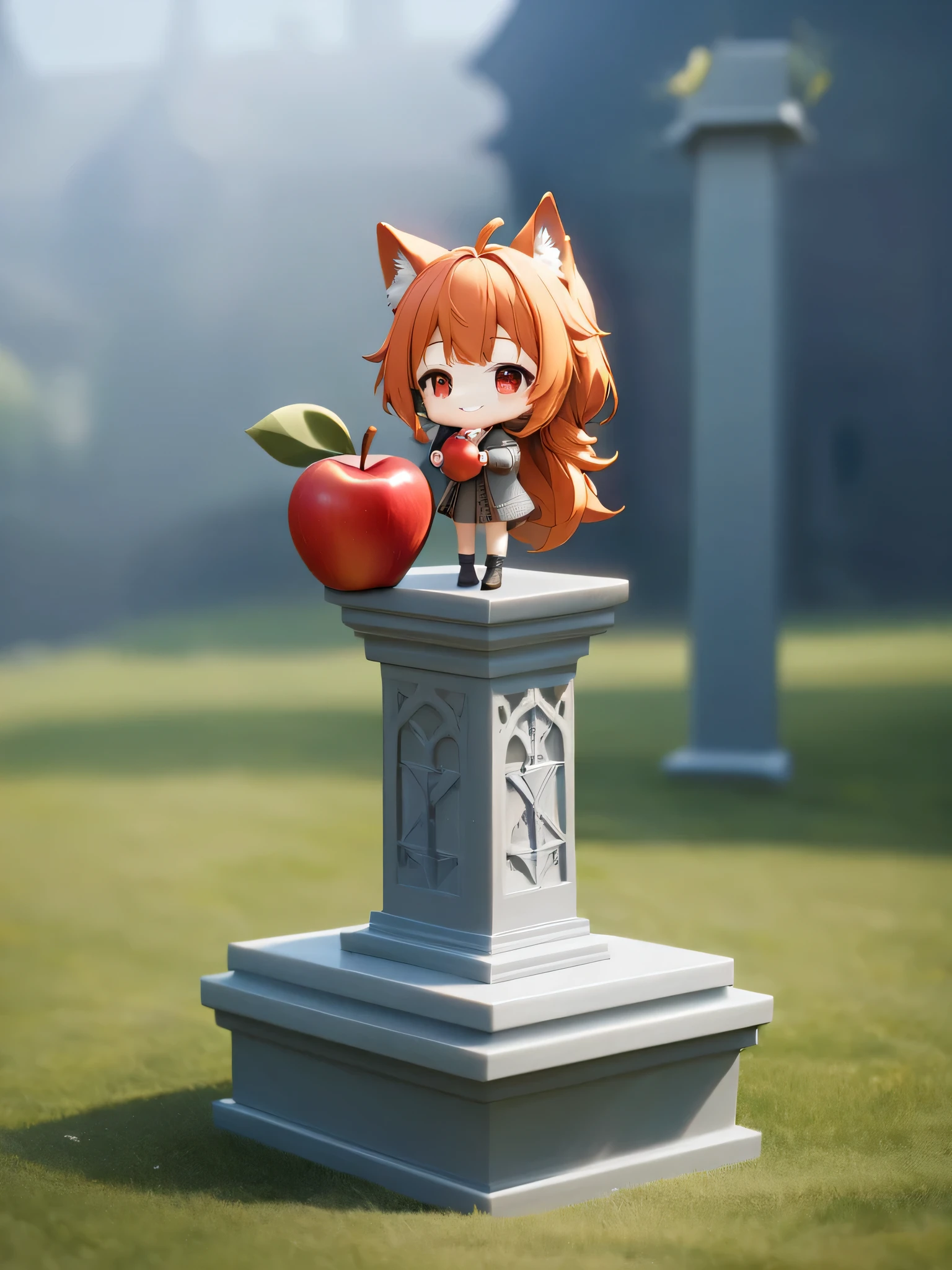 chibi, 3D figure, very cute and bautiful anime girl, Holo, (wolf-ears, fluffy-wolf-tail:2.5), (grin:3.0),solo, (head-to-body-ratio-is-one-to-four:5.0),(full body:2.5), photo of an figure, high quality photo, (standing on pedestal, holding the apple in the palm of hand high above one's head:5.5), cleary outlined, simple and flat background,(masterpiece:1.2), (best quality),(ultra detailed),(extremely detailed),(absolutely resolution) ,absurdres,8k, BREAK,highly detailed face and eyes,(long hair, orange hair, red-eyes:3.5),(Clothing of medieval European villagers:5.5),(Intricate Iris Details,Depth and Dimension in the Pupils:2.5),
