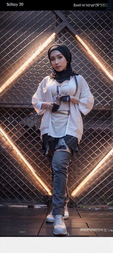 bellydancer, cyberpunk, javanese, (((hijabi))), cleavage, reflection light, chiaroscuro, depth of field, cinematic lighting, ray tracing, Sony FE GM, UHD, super detail, masterpiece, textured skin, high details, best quality, award winning，3D,hdr（HighDynamicRange）,Ray tracing,NVIDIA RTX,Hyper-Resolution,Unreal 5,Subsurface scattering、PBR Texture、post-proces、Anisotropy Filtering、depth of fieldaximum definition and sharpnesany-Layer Textures、Albedo e mapas Speculares、Surface coloring、Accurate simulation octane rendering of light-material interactions、Two-colored light、largeaperture、Low ISO、White balance、the rule of thirds、8K raw data