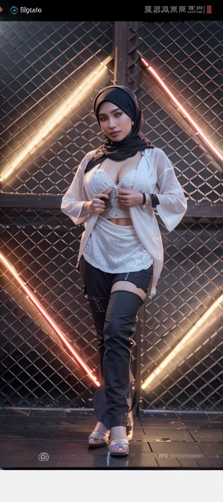 bellydancer, cyberpunk, javanese, (((hijabi))), cleavage, reflection light, chiaroscuro, depth of field, cinematic lighting, ray tracing, Sony FE GM, UHD, super detail, masterpiece, textured skin, high details, best quality, award winning,3D,hdr(HighDynamicRange),Ray tracing,NVIDIA RTX,Hyper-Resolution,Unreal 5,Subsurface scattering、PBR Texture、post-proces、Anisotropy Filtering、depth of fieldaximum definition and sharpnesany-Layer Textures、Albedo e mapas Speculares、Surface coloring、Accurate simulation octane rendering of light-material interactions、Two-colored light、largeaperture、Low ISO、White balance、the rule of thirds、8K raw data