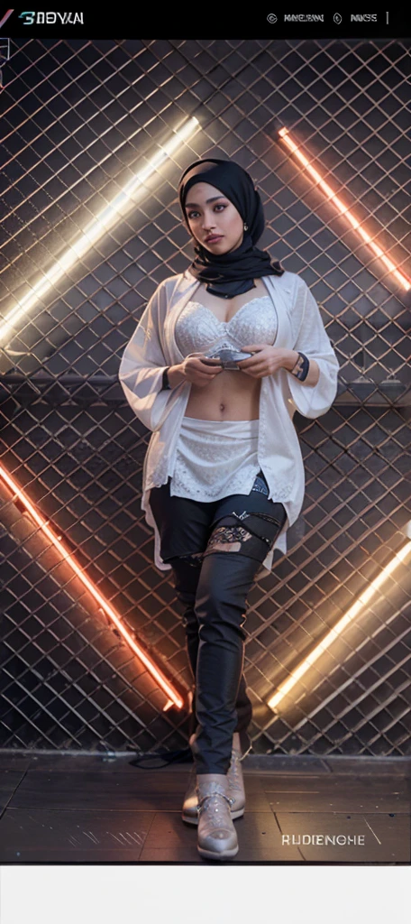 bellydancer, cyberpunk, javanese, (((hijabi))), cleavage, reflection light, chiaroscuro, depth of field, cinematic lighting, ray tracing, Sony FE GM, UHD, super detail, masterpiece, textured skin, high details, best quality, award winning，3D,hdr（HighDynamicRange）,Ray tracing,NVIDIA RTX,Hyper-Resolution,Unreal 5,Subsurface scattering、PBR Texture、post-proces、Anisotropy Filtering、depth of fieldaximum definition and sharpnesany-Layer Textures、Albedo e mapas Speculares、Surface coloring、Accurate simulation octane rendering of light-material interactions、Two-colored light、largeaperture、Low ISO、White balance、the rule of thirds、8K raw data