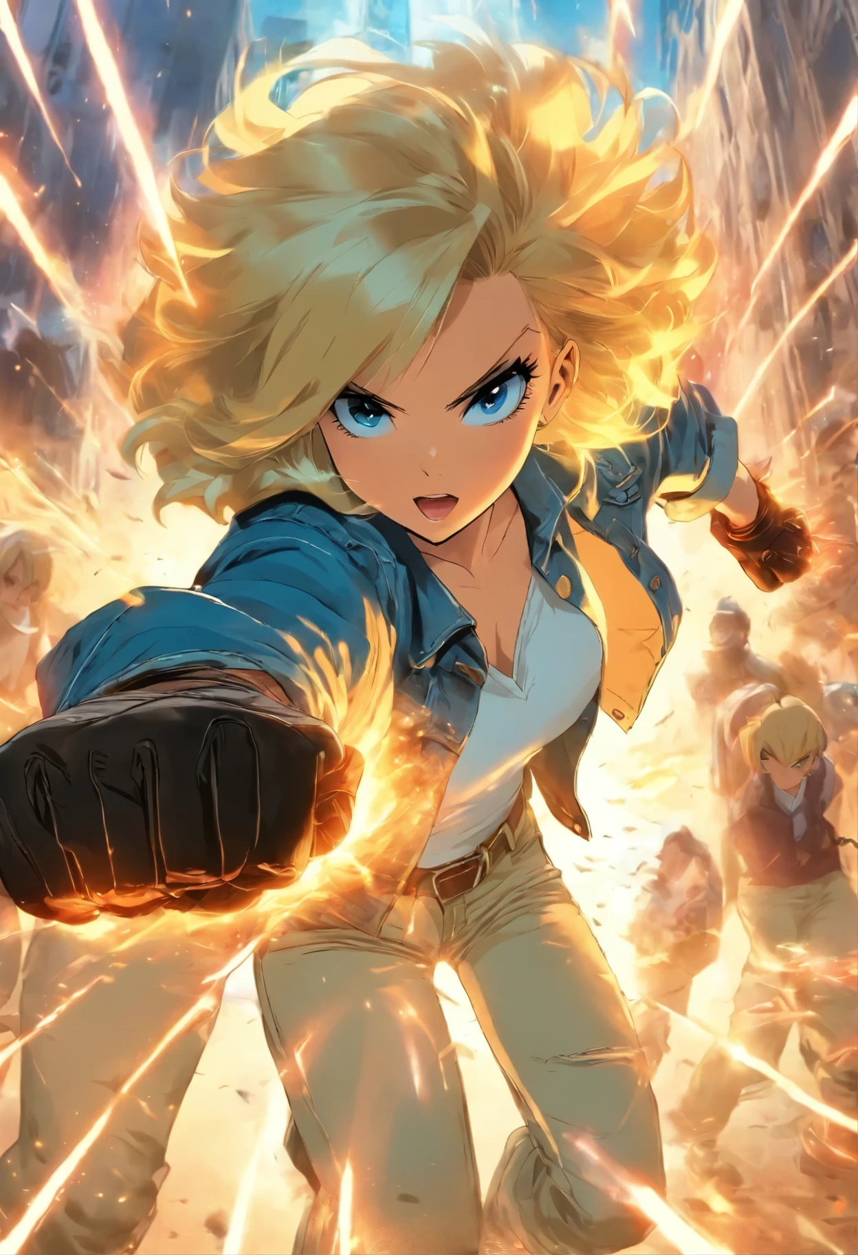 (((1 girl, Lovely, denim jacket, White top, jeans, Gloves, blond, short hair, Bob Hair, Side parting, blue eyes))), (((blond hair))), Dynamic poses, Comic Style, Portray a group of characters in various action scenes, From intense battles to relaxing moments, Featuring dramatic speed lines and bold sound effects, Capture the excitement and energy of your story, Laser rays from the palm of your hand, Attack with palm forward, Yellowstone National Park, great canyon,