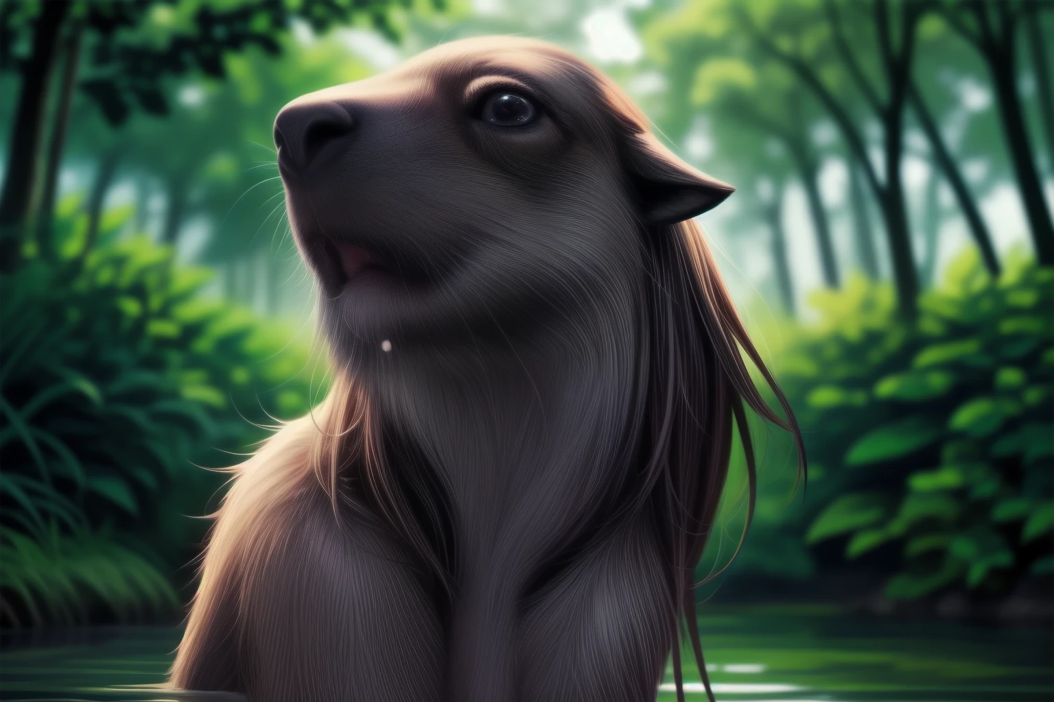 (best quality,4k,8k,highres,masterpiece:1.2),ultra-detailed,(realistic,photorealistic,photo-realistic:1.37),a cute capybara in a lush green garden,fluffy fur,curious eyes,lazy resting posture,gentle expression,wet nose and whiskers,playful splashing in the water,green grass and colorful flowers,sunlight filtering through the trees,natural surroundings,peaceful atmosphere,portrait,harmonious color palette,soft lighting,captivating nature scene