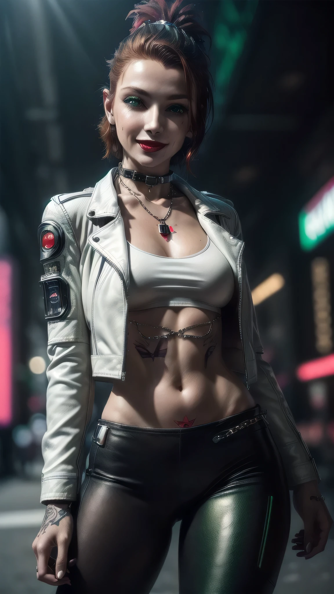(masterpiece), (extremely intricate:1.3), (realistic), female, 19 years old, ((((([small breasts:large breasts:0.8], short [dark hair:bright ginger hair:0.7], solo, 1girl, smiling red lipstick, (athletic), futuristic cyberpunk street))))), metal reflections, outdoor, intense sunlight, golden hour, professional photograph of a stunning girl detailed, sharp focus, dramatic, award winning, cinematic lighting, volumetrics dtx, (film grain, blurry background, blurry foreground, bokeh, depth of field, interaction), 8K, ((smirking, (green eyes, dark eye makeup))), ((body tattoo: 1.2)), ((fujicolor, god rays)) BREAK; BREAK ((((white leather jacket, collar, chains), leather pants, black t-shirt), hyperrealistic, absurdres))
