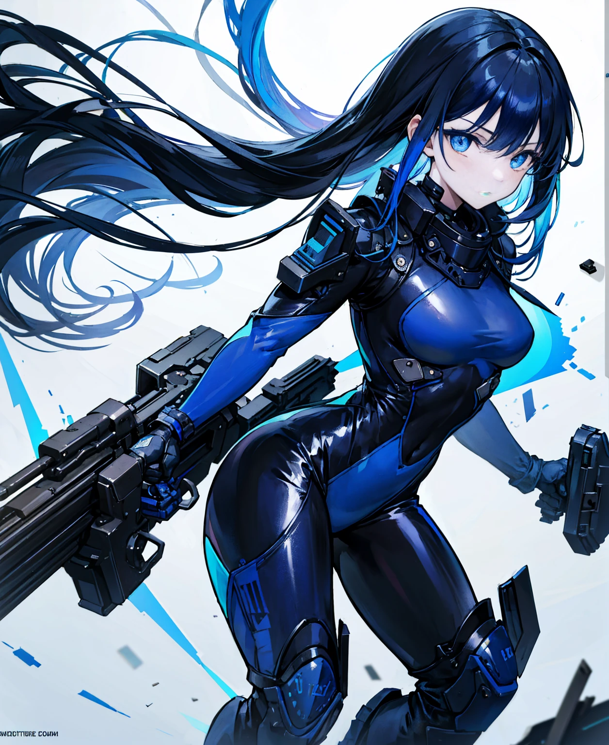 There is no background,girl,Carry a firearm,Patent leather tight suit,Use of firearms,Navy blue long hair,attention arousal,Blue colored eyes,No gradients