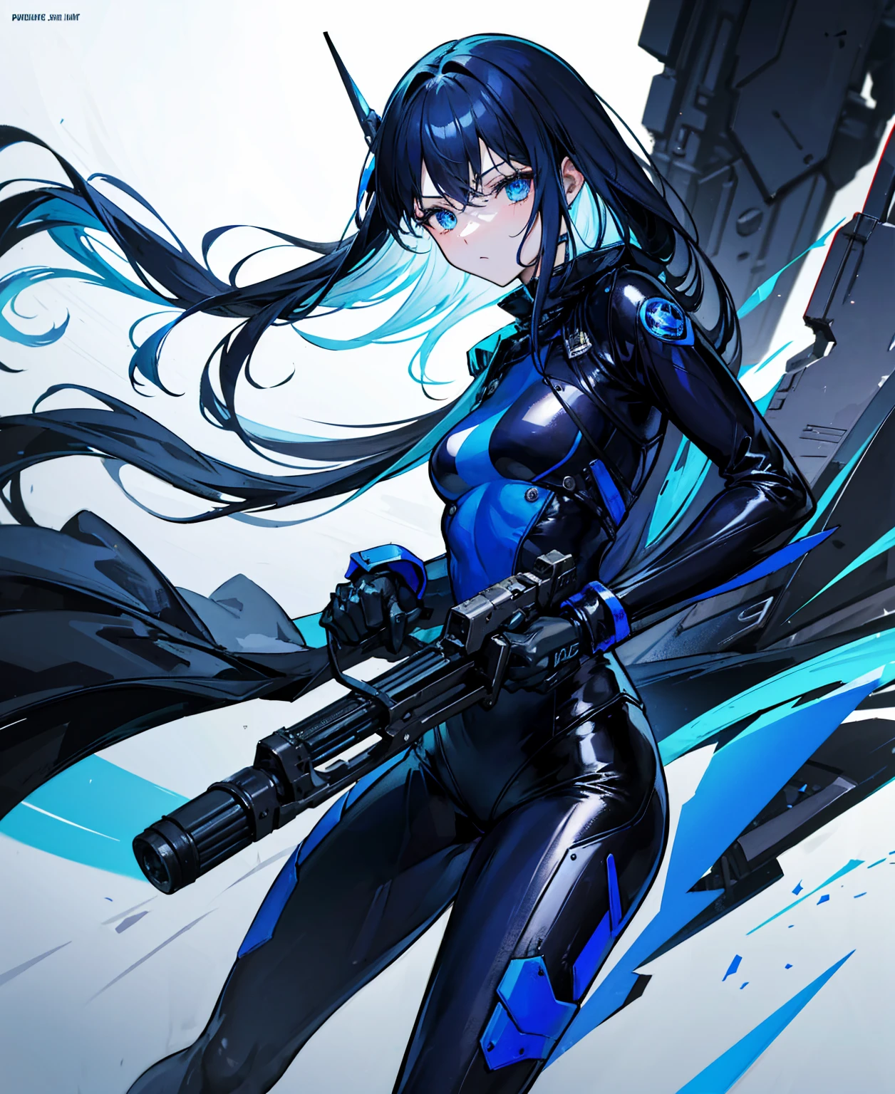 There is no background,girl,Carry a firearm,Patent leather tight suit,Use of firearms,Navy blue long hair,attention arousal,Blue colored eyes,No gradients