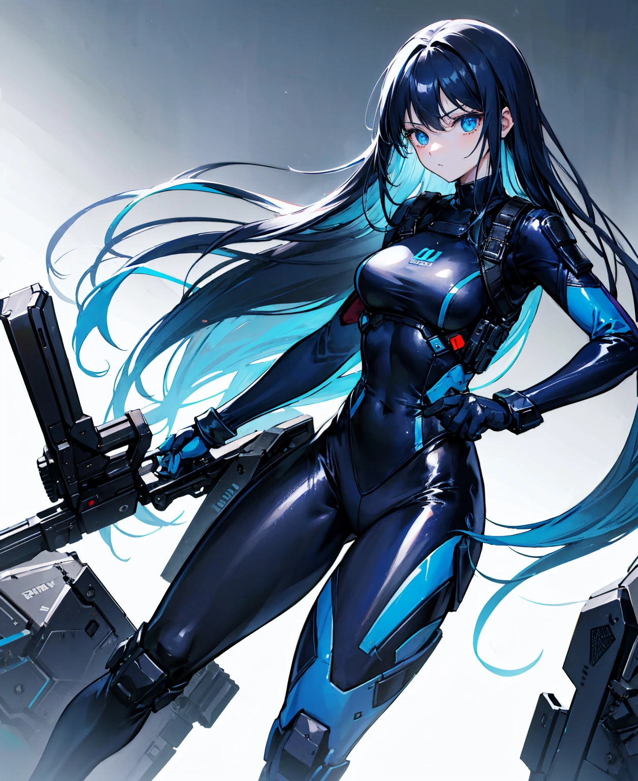 There is no background,girl,Carry a firearm,Patent leather tight suit,Use of firearms,Navy blue long hair,attention arousal,Blue colored eyes,No gradients