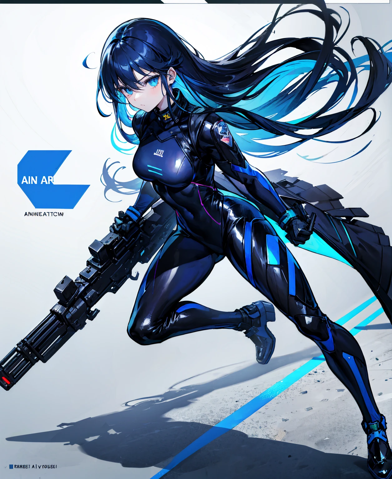 There is no background,girl,Carry a firearm,Patent leather tight suit,Use of firearms,Navy blue long hair,attention arousal,Blue colored eyes,No gradients