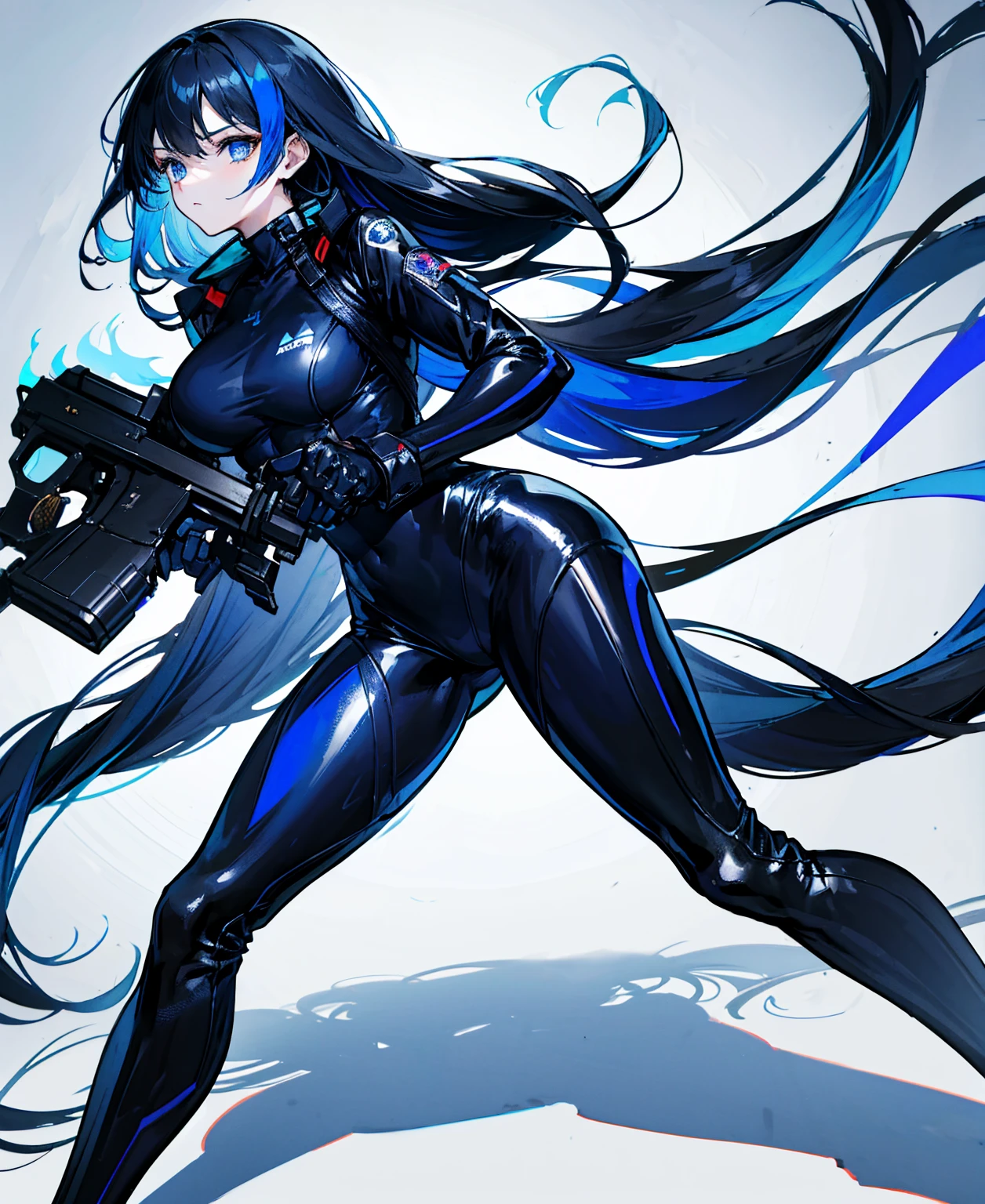 There is no background，girl，Carry a firearm，Patent leather tight suit，Use of firearms，Navy blue long hair，attention arousal，Blue colored eyes,No gradients