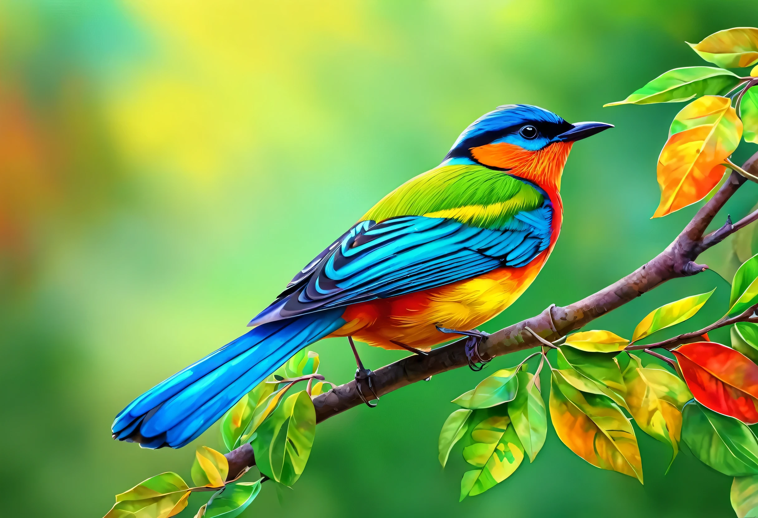 A brightly colored bird perched on a branch with leaves in the background, Colorful 8 k, Highly detailed digital art in 4K, Long colorful bird, Colorful HD images, Beautiful art UHD 4K, Beautiful and colorful, Vibrant and realistic colors, Beautiful digital painting, Painted in vibrant watercolors, Highly detailed digital painting, Colorful 4K, Detailed painting 4k