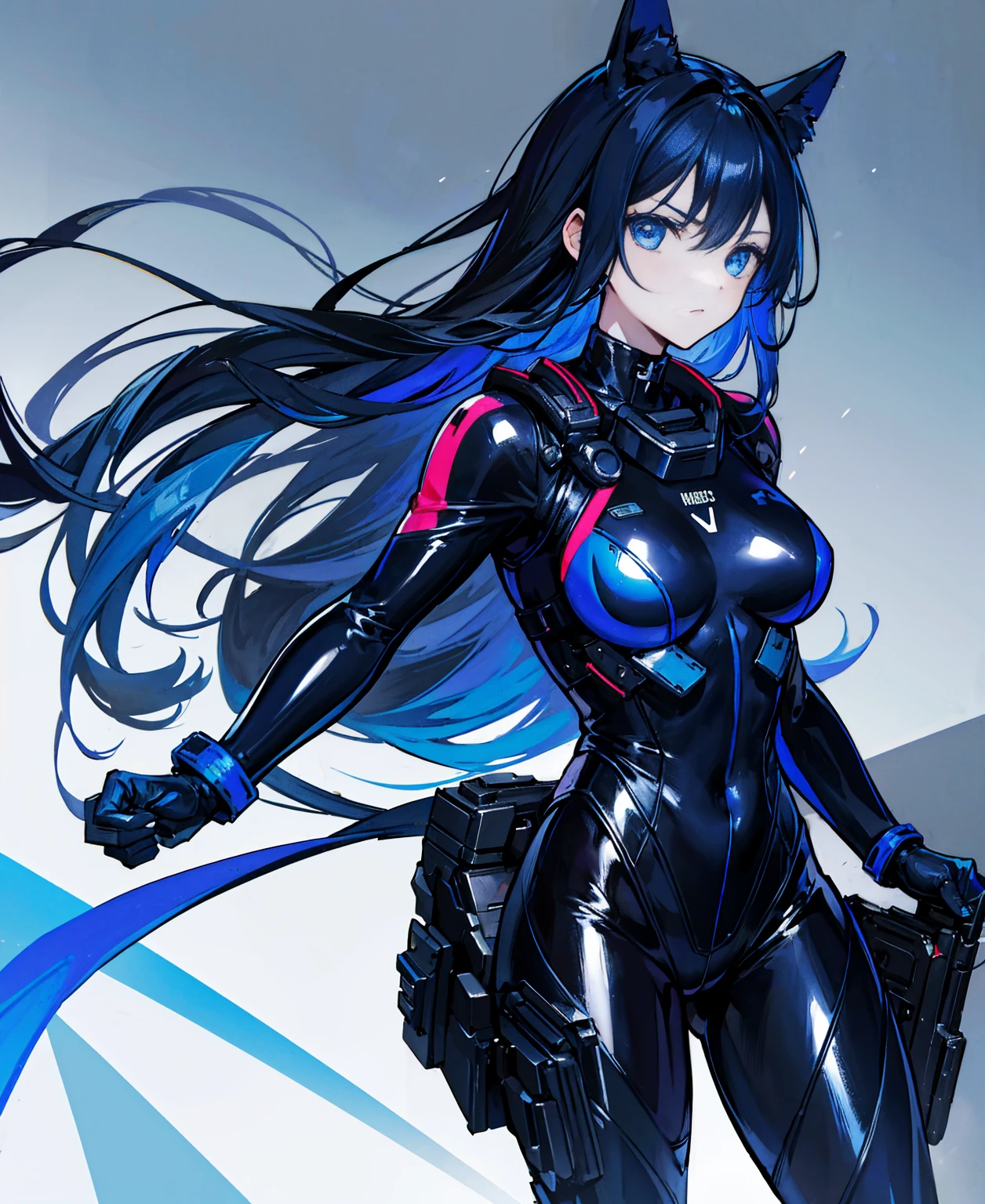 There is no background,girl,Carry a firearm,Patent leather tight suit,Use of firearms,Navy blue long hair,attention arousal,Blue colored eyes,No gradients