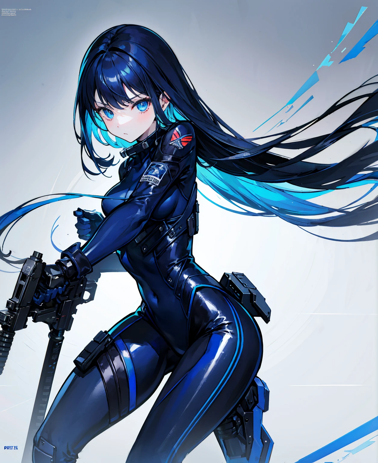 There is no background,girl,Carry a firearm,Patent leather tight suit,Use of firearms,Navy blue long hair,attention arousal,Blue colored eyes,No gradients