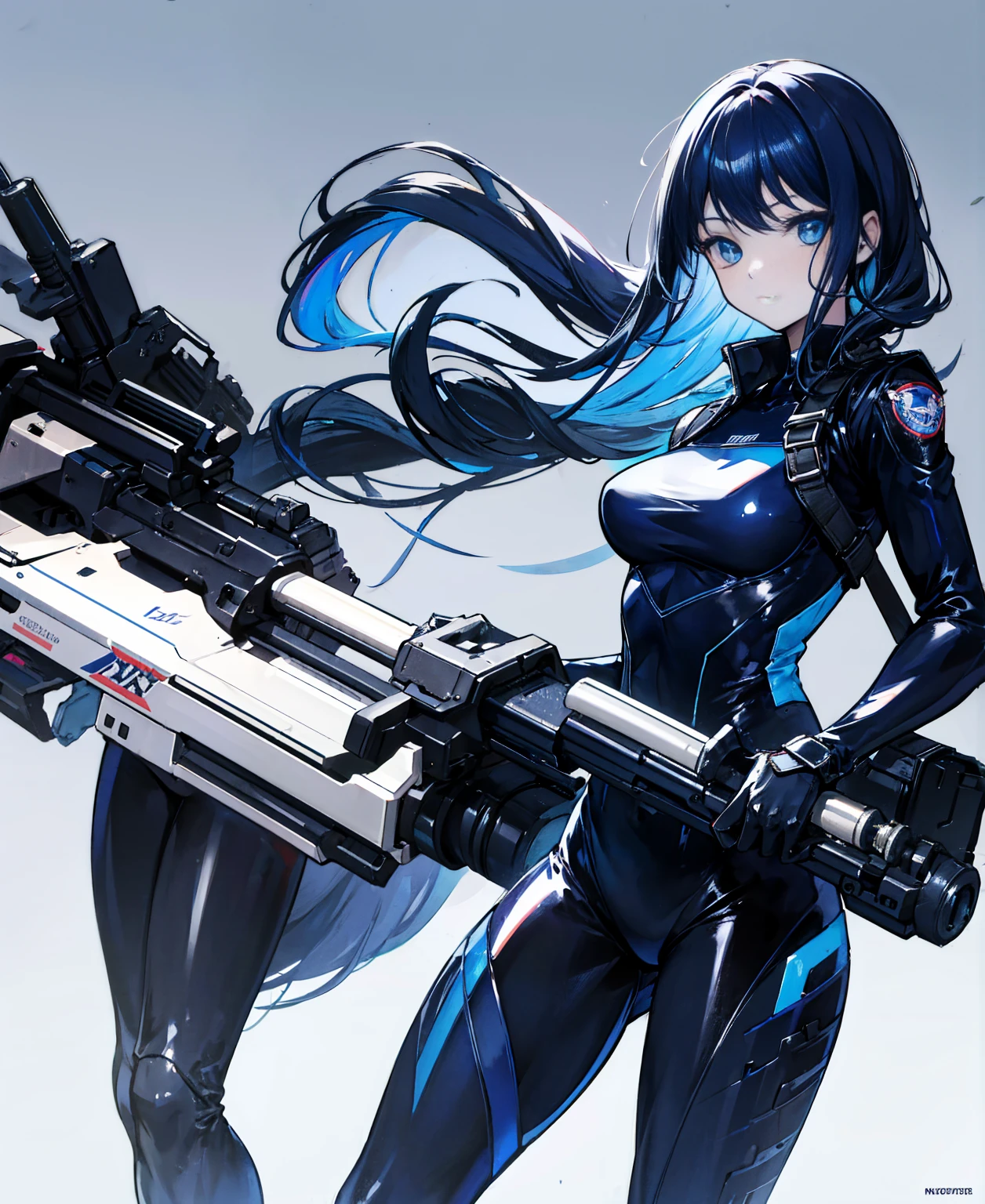 There is no background,girl,Carry a firearm,Patent leather tight suit,Use of firearms,Navy blue long hair,attention arousal,Blue colored eyes,No gradients