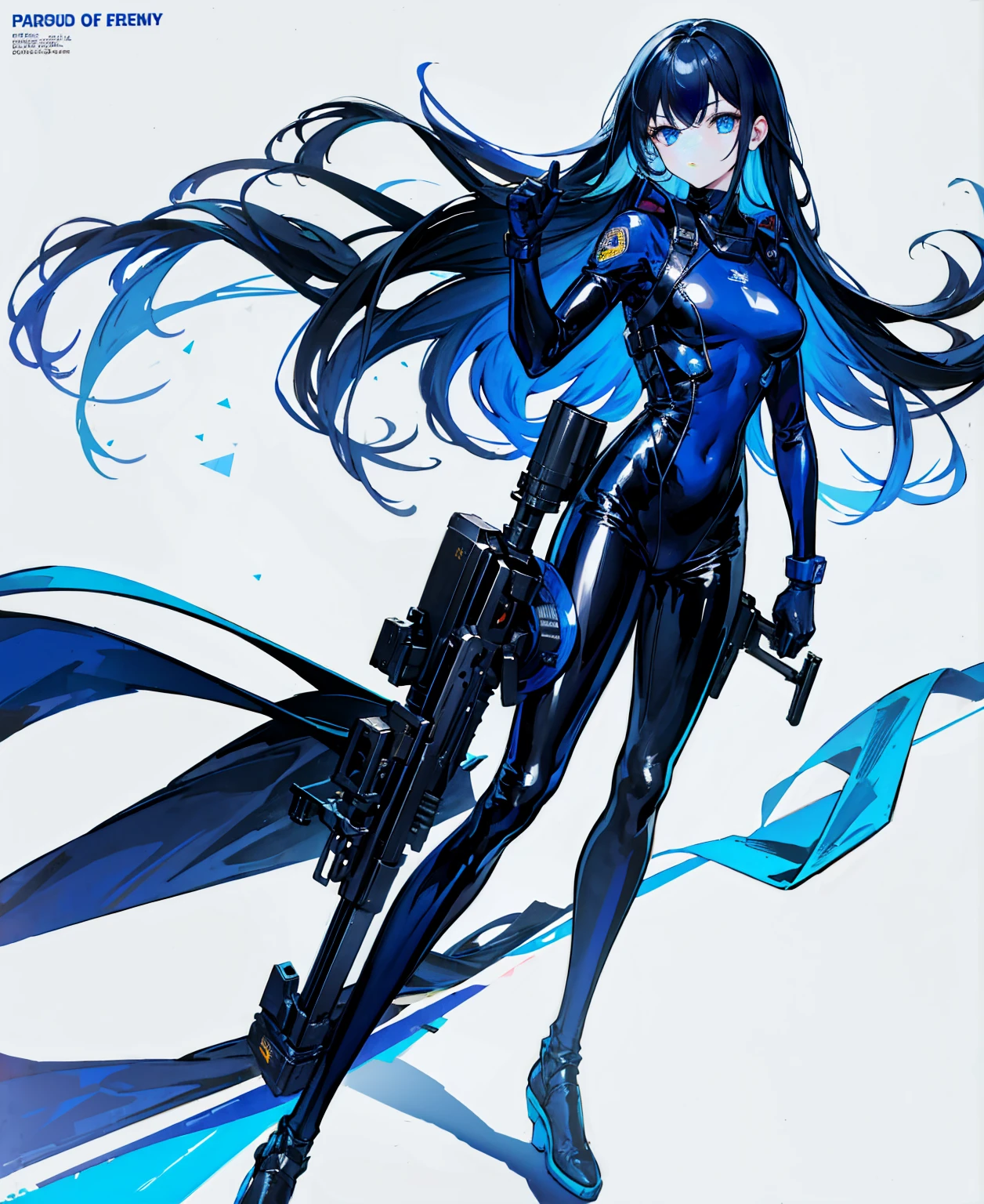 There is no background,girl,Carry a firearm,Patent leather tight suit,Use of firearms,Navy blue long hair,attention arousal,Blue colored eyes,No gradients