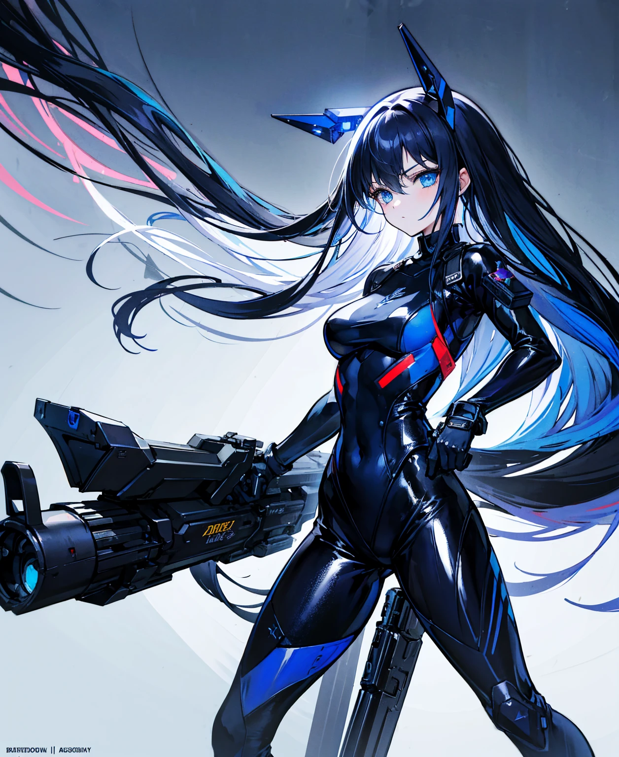 There is no background，girl，Carry a firearm，Patent leather tight suit，Use of firearms，Navy blue long hair，attention arousal，Blue colored eyes,No gradients