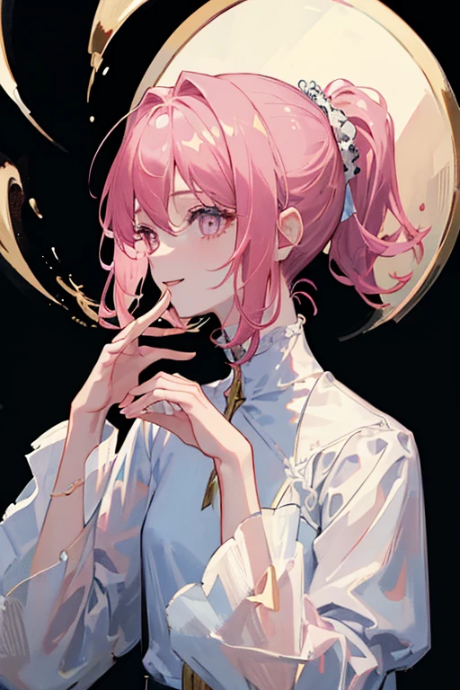 (masterpiece, side light, Super detailed, thin and beautiful eyes: 1.2), 1 girl,think ahead、look at me,short hair, pink hair, profile, alone,  Upper body, masterpiece, highest quality、masterpiece, side light, Super detailed, thin and beautiful eyes: 1.2), 1 girl,think ahead、look at me,ponytail, black hair, profile, alone,  Upper body, masterpiece, highest quality、smile、long sleeve、close your mouth、look at me、front、