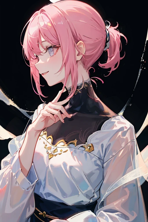 (masterpiece, side light, Super detailed, thin and beautiful eyes: 1.2), 1 girl,think ahead、look at me,short hair, pink hair, profile, alone, Upper body, masterpiece, highest quality、masterpiece, side light, Super detailed, thin and beautiful eyes: 1.2), 1 girl,think ahead、look at me,ponytail, black hair, profile, alone, Upper body, masterpiece, highest quality、smile、long sleeve、close your mouth、look at me、front、