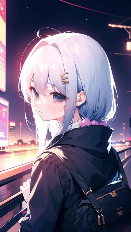 White Hair,Girl,KHD,4K,Expressionless face,Anime Style,profile,Night sky background,Spring Casual Fashion,