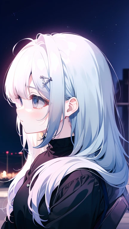 White Hair，Girl，KHD，4K，Expressionless face，Anime Style，profile，Night sky background，Spring Casual Fashion,