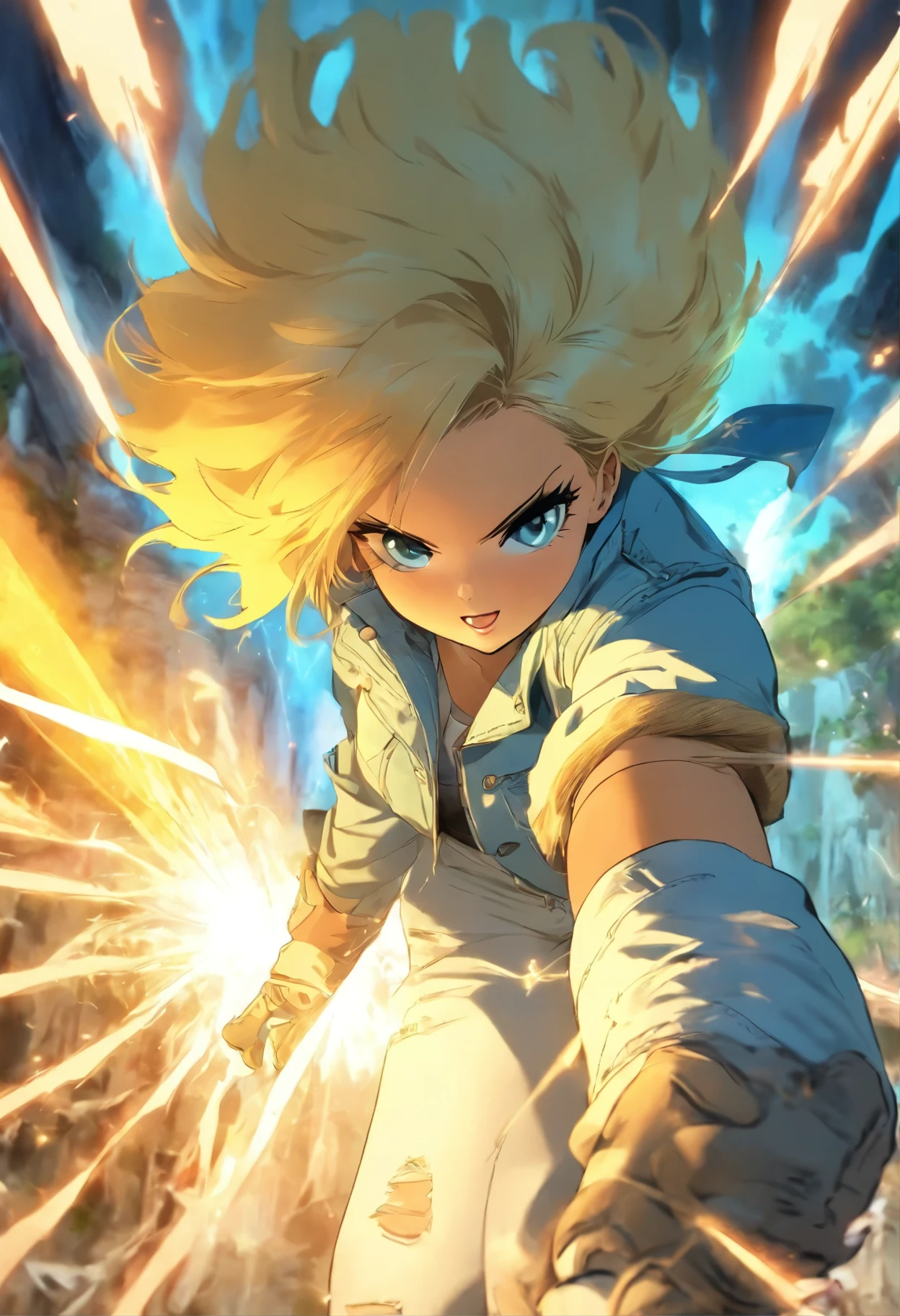 (((1 girl, Lovely, denim jacket, White top, jeans, Gloves, blond, short hair, Bob Hair, Side parting, blue eyes))), (((blond hair))), Dynamic poses, Comic Style, Portray a group of characters in various action scenes, From intense battles to relaxing moments, Featuring dramatic speed lines and bold sound effects, Capture the excitement and energy of your story, Laser rays from the palm of your hand, Attack with palm forward, Yellowstone National Park, great canyon,