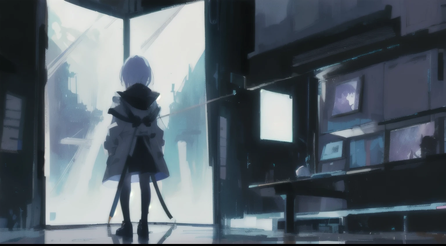 Create great illustrations, Featuring an anime girl standing in the moonlight against a dark starry sky and a ghost reflected in a mirror. Inspired by cyberpunk concept art. Implementing the lofi art style、Evoke a unique atmosphere、Enhances the reflection of the mirror. Take care in creating horrifying anime scenes set in a complex underground landscape, Enhanced focus on details.
