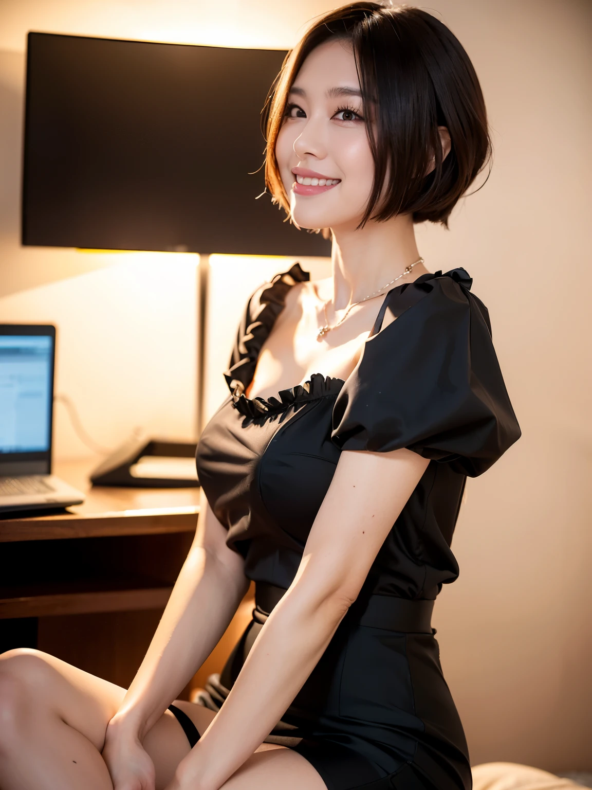 (highest quality, 8k, 32k, masterpiece, Ultra-high resolution:1.2),Beautiful Japanese Women Photos, Standard body shape、(D cup breasts:1.4), very short bob hair,Upper Body,Face Focus,(black formal blouse:1.4)、(Black frill blouse:1.6),(Pearl Necklace:1.4), (Midnight in the factory office:1.6), The viewer is looking at her from the side, Watching the audience、(smile:1.3)、Dimly lit room