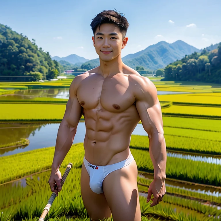 1 man, smile, (naked , nude), (micro thong), (Korean guy) , korean men, (Lifelike lighting), chest muscles, Big arm muscles, blood vessel, big muscles, Broad shoulders, looking at the audience, Balancing the eyeake eye contact), (rice paddies), (rice paddies field) , sit in the shade ,dark holding a scythe, , thick thighs , wide hips , sexy , eroticism