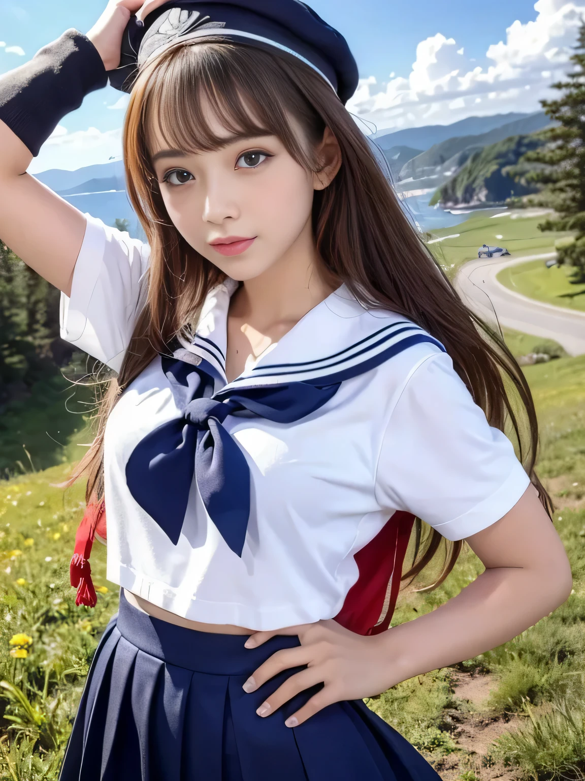 One girl, Sailor suit、skirt、high student、alone, paraglider, fly in the sky, masterpiece, highest quality