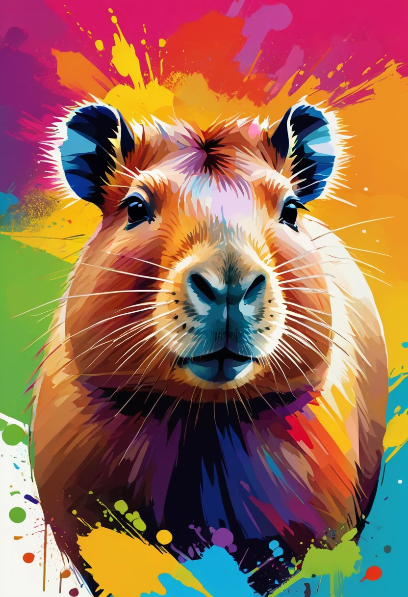 WPAP style:portrait of Capybara,color harmonize,watercolor-like rendering,happy and vibrant atmosphere,fun and modern twist,geometric shapes,funky patterns,bold and contrasting colors,expressive brushstrokes,energetic composition,dynamic lines and angles,abstract elements,eye-catching details and textures,highly detailed fur and whiskers,professionally crafted,pop art-inspired,an explosion of colors and shapes,portrait that captures the unique personality and charm of the Capybara,loose and expressive style,rich and vibrant color palette,playful and lively atmosphere,authentic and lively representation,masterpiece:1.2,ultra-detailed,realistic:1.37,vivid colors,sharp focus,bokeh.