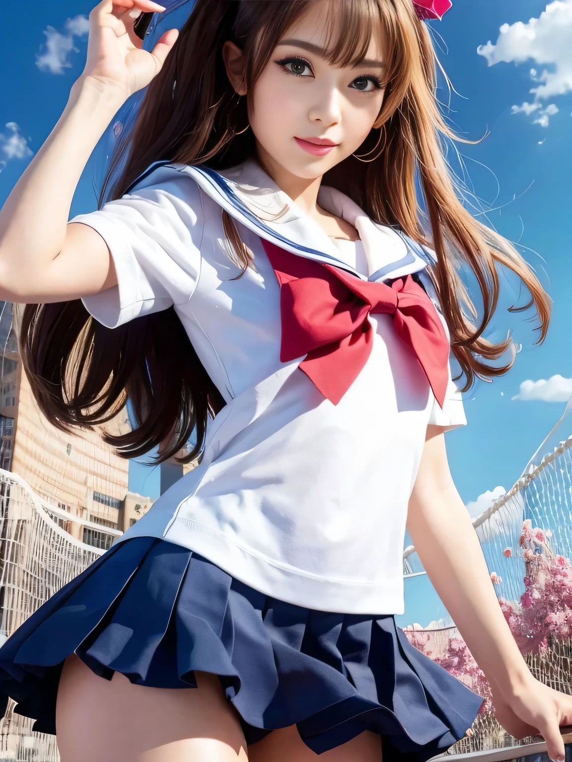 One girl, Sailor suit、skirt、high student、alone, paraglider, fly in the sky, masterpiece, highest quality