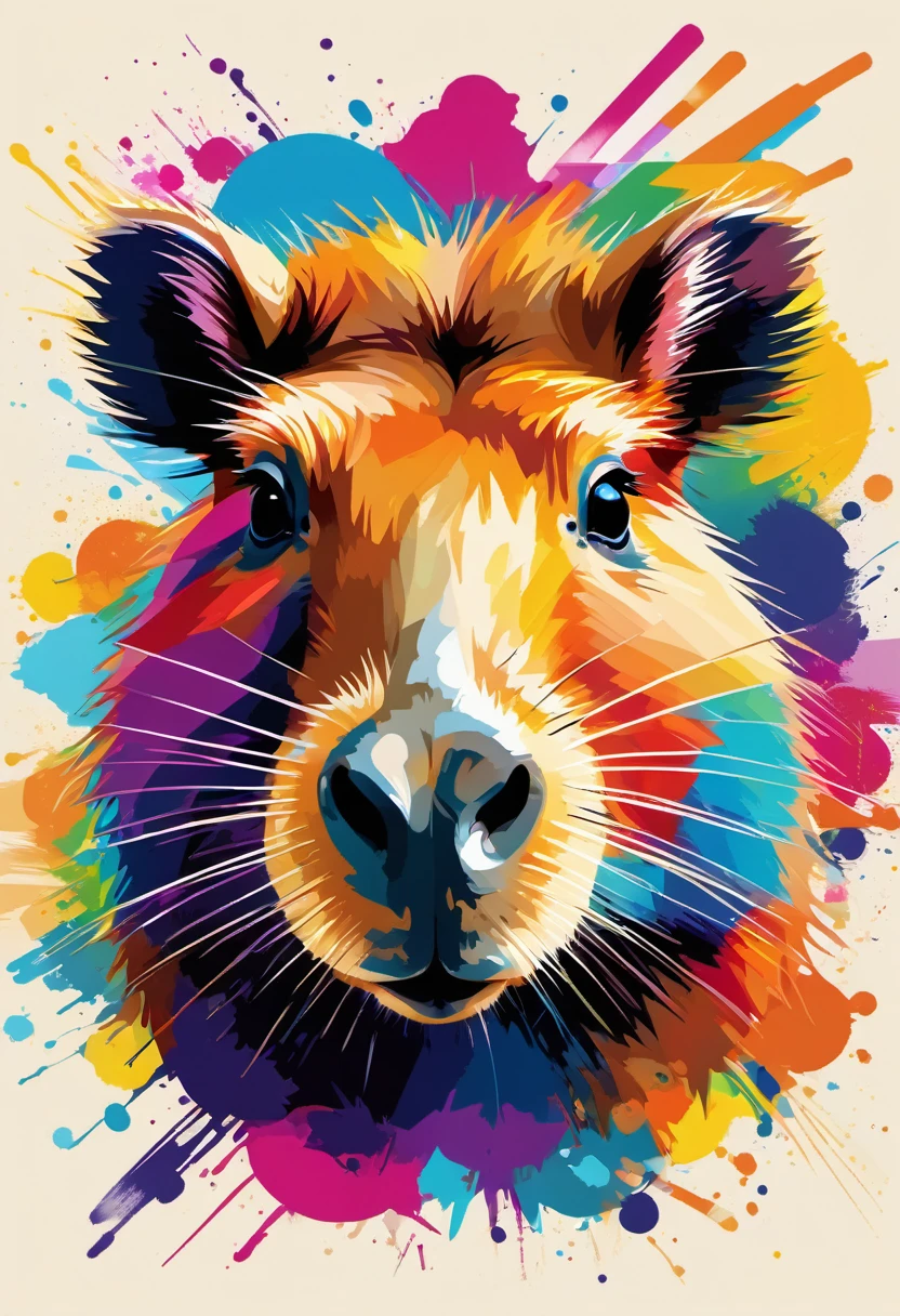 WPAP style:portrait of Capybara,color harmonize,watercolor-like rendering,happy and vibrant atmosphere,fun and modern twist,geometric shapes,funky patterns,bold and contrasting colors,expressive brushstrokes,energetic composition,dynamic lines and angles,abstract elements,eye-catching details and textures,highly detailed fur and whiskers,professionally crafted,pop art-inspired,an explosion of colors and shapes,portrait that captures the unique personality and charm of the Capybara,loose and expressive style,rich and vibrant color palette,playful and lively atmosphere,authentic and lively representation,masterpiece:1.2,ultra-detailed,realistic:1.37,vivid colors,sharp focus,bokeh.