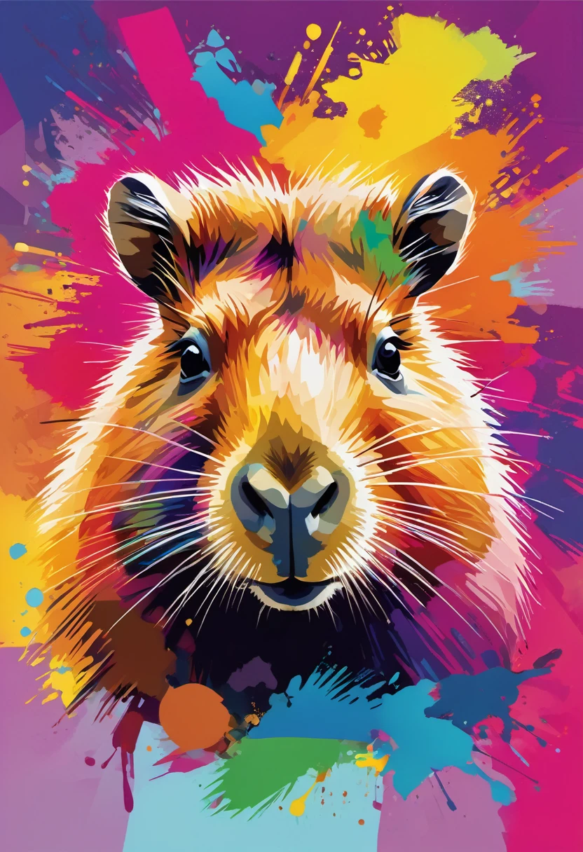 WPAP style:portrait of Capybara,color harmonize,watercolor-like rendering,happy and vibrant atmosphere,fun and modern twist,geometric shapes,funky patterns,bold and contrasting colors,expressive brushstrokes,energetic composition,dynamic lines and angles,abstract elements,eye-catching details and textures,highly detailed fur and whiskers,professionally crafted,pop art-inspired,an explosion of colors and shapes,portrait that captures the unique personality and charm of the Capybara,loose and expressive style,rich and vibrant color palette,playful and lively atmosphere,authentic and lively representation,masterpiece:1.2,ultra-detailed,realistic:1.37,vivid colors,sharp focus,bokeh.