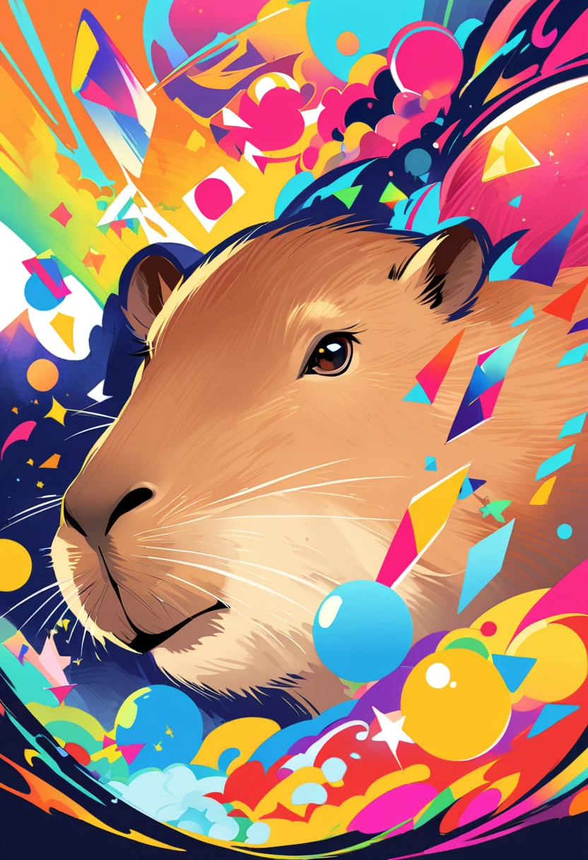 WPAP style:portrait of Capybara,color harmonize,watercolor-like rendering,happy and vibrant atmosphere,fun and modern twist,geometric shapes,funky patterns,bold and contrasting colors,expressive brushstrokes,energetic composition,dynamic lines and angles,abstract elements,eye-catching details and textures,highly detailed fur and whiskers,professionally crafted,pop art-inspired,an explosion of colors and shapes,portrait that captures the unique personality and charm of the Capybara,loose and expressive style,rich and vibrant color palette,playful and lively atmosphere,authentic and lively representation,masterpiece:1.2,ultra-detailed,realistic:1.37,vivid colors,sharp focus,bokeh.