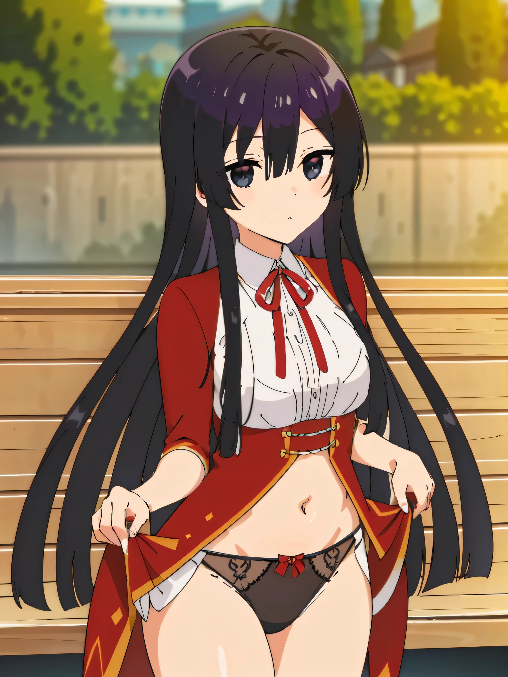 Black Hair、black eye、Expressionless、Long Hair、、High resolution、masterpiece、High resolution、highest quality、Detailed face、Anime Moe Art Style、Cowboy Shot、Skirt Lift、Self Lift、Plush panties、lingerie、Outdoor、field、belly button