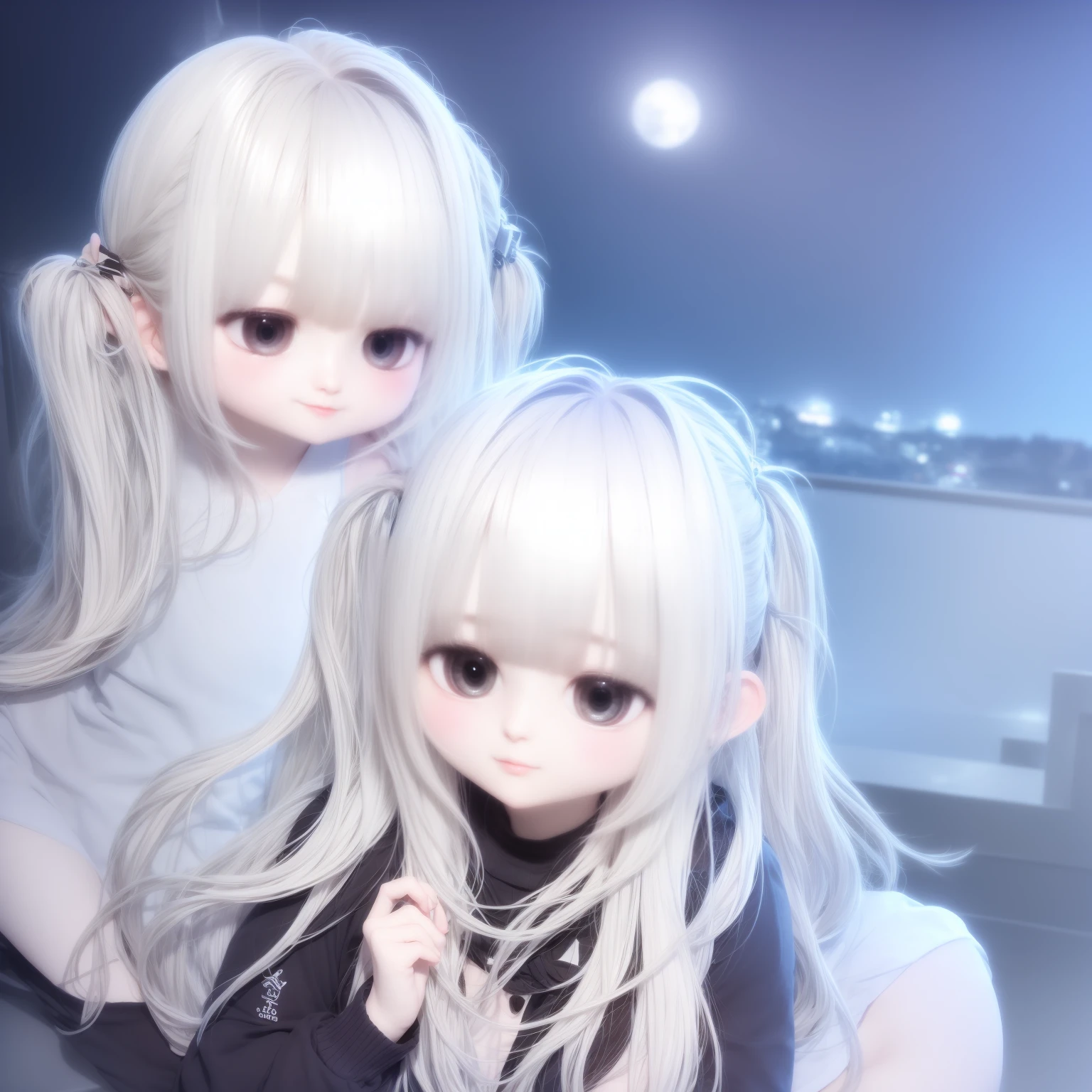 White Hair,Girl,KHD,4K,Expressionless face,Anime Style,profile,Night sky background,Spring Casual Fashion,