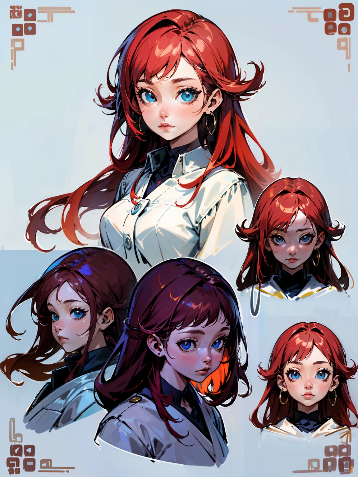 (Masterpiece, highest quality)), adult woman, detailed face, character sheet, concept-art, Full body, full of details, multiple poses and expressions, highly detailed, depth, many parts, 1girl, super long red hair, beautiful blue eyes