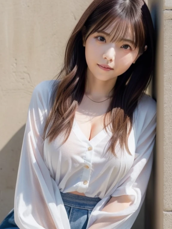 ((masterpiece))、((highest quality))、picture、Reality、high resolution、Ultra-detailed、Married women、30th Generation、(Plump body)、Delicate facial features、Wavy long hair、Floating hair、Messy Hair、High Ponytail、ear、Realistic background and accessories、Big ample breasts、Deep cleavage、Sexy smile、Street Corner、Leaning against a wall、Navy short sleeve knit、See through、Tight mini skirt、Voluptuous thighs、((Indirect lighting only))、Deep Shadow、Zoom Shot、Her face is perfect, Nanase Nishino