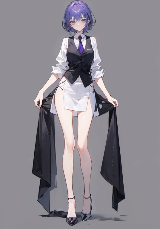 ((Perfect Face)),Purple Hair,Very Short Hair,1 female,bartender,,Black vest,Shirt with rolled up sleeves,tie,slit,High heels,,((Simple Background)),smile,((Full Body)),((full body)),
