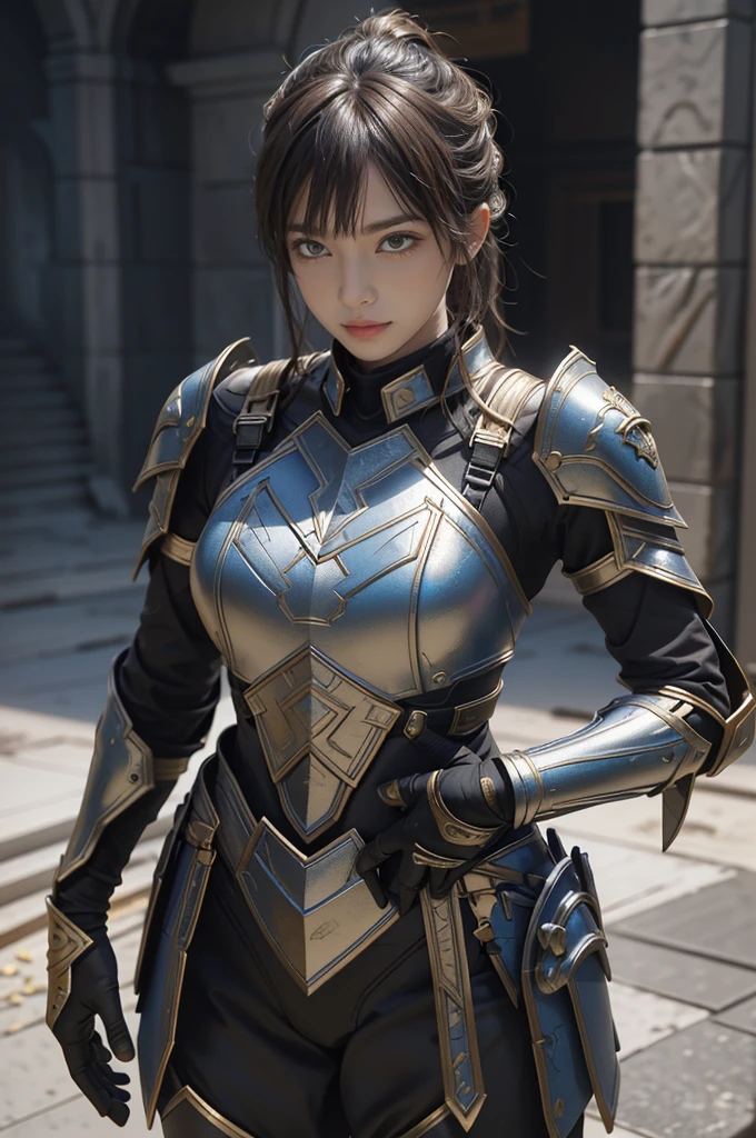 Game art,The best picture quality,Highest resolution,8K,(A bust photograph),(Portrait:1.5),(Head close-up),(Rule of thirds),Unreal Engine 5 rendering works, (The Girl of the Future),(Female Warrior),
20-year-old girl,An eye rich in detail,(Big breasts),Elegant and noble,indifferent,brave,
(Future style combat suit combining the characteristics of ancient armor,Ancient runes of light,Combat accessories with rich details,Metallic luster),Future police officer,Cyberpunk Characters,
Photo poses,Simple background,Movie lights,Ray tracing,Game CG,((3D Unreal Engine)),oc rendering reflection pattern