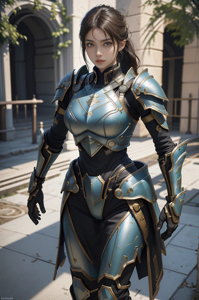 A close up of a woman in armor posing for a picture - SeaArt AI