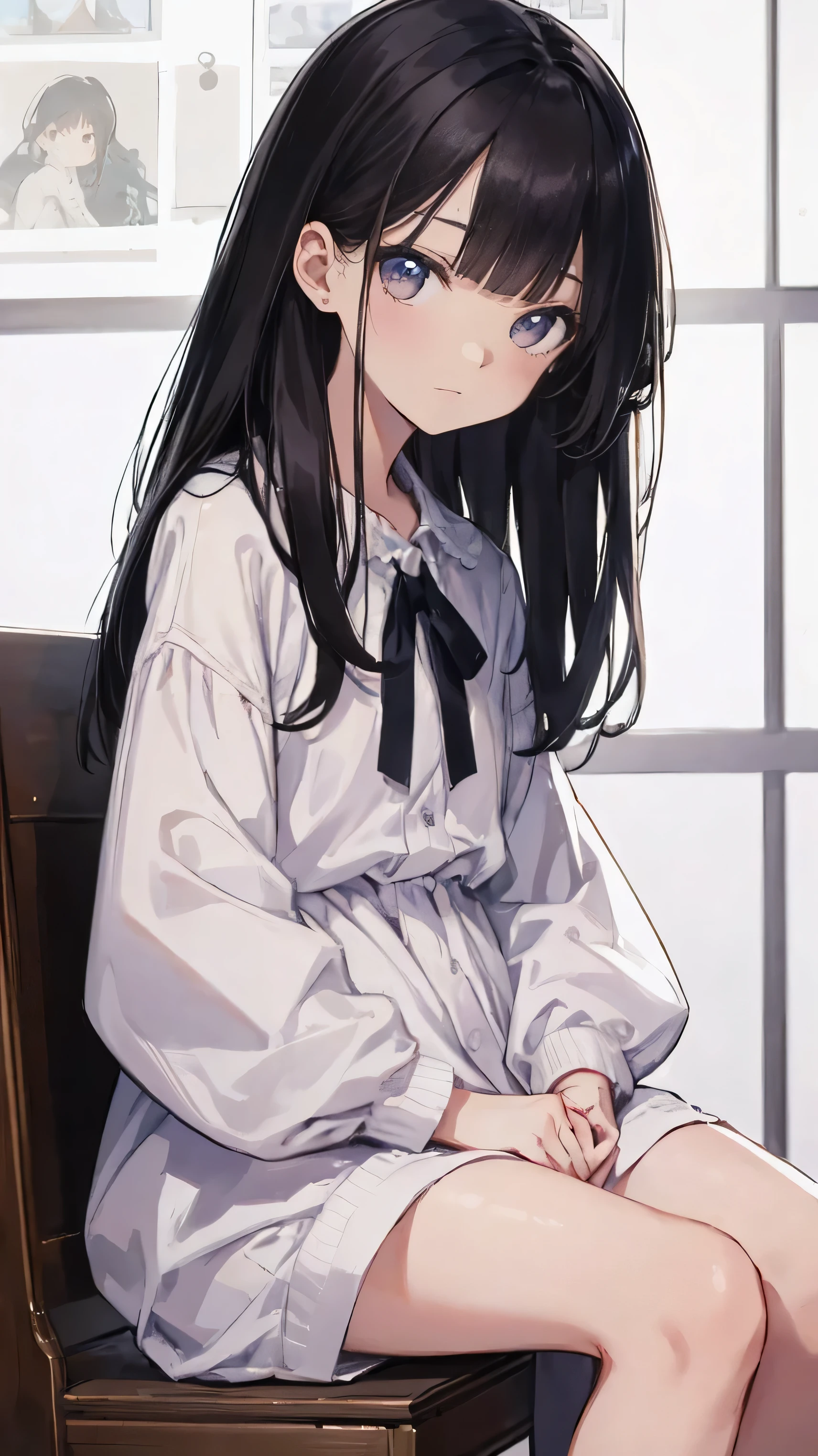 Masterpiece、Highest quality、highest quality、Black Hair、(((Lori)))、 ((Petite))、Shiny hair quality、Small face、Sitting、Super detailed, beautiful, wide eyes、Ultra-detailed, clear and beautiful faces、(cute illustration:1.2), High-resolution, ultra-detailed, best quality, embarrassed