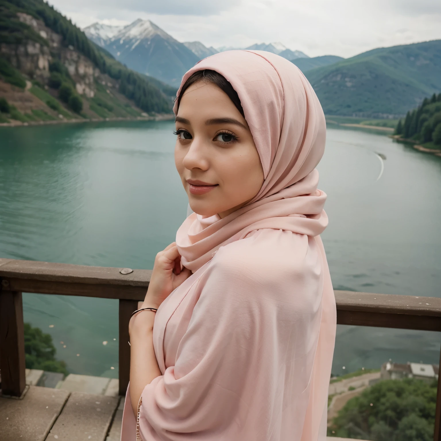 beautiful woman wearing a soft pink hijab, behind her there is a beautiful view of the lake, the picture is animated, the art style is like anime
