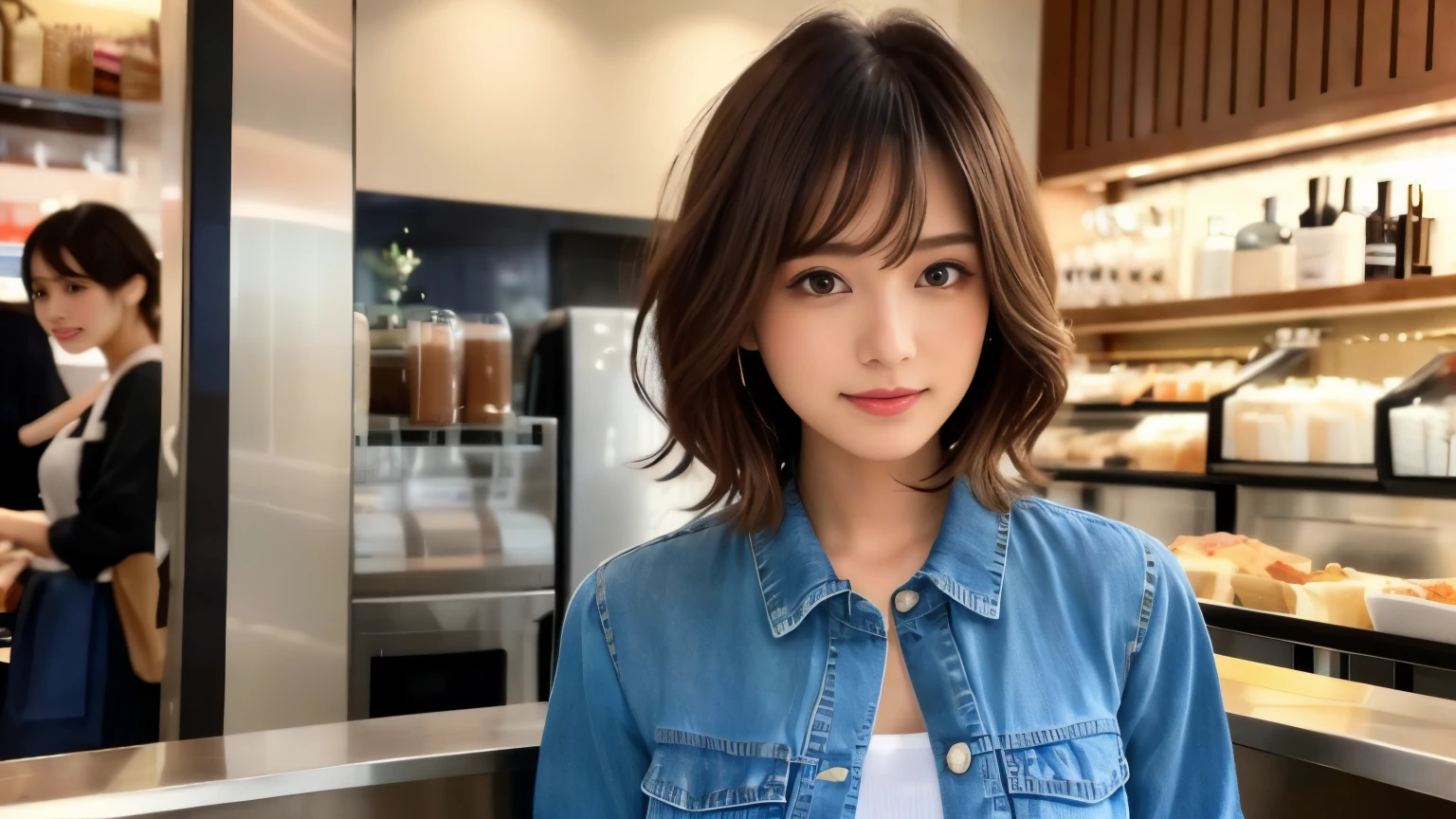 super high quality, Fashion Model, Short Hair, Slender, The staff is working at the counter in the back., (8k、RAW Photos、highest quality、masterpiece:1.2), Japanese Idol, Serious expression, Shaggy, Brown Hair, Stylish café, Fashion magazine shooting, (Realistic、Photorealistic:1.37), Beautiful Face , Mesh Hair, Normal chest, Urban Cafe, Golden Ratio, A gentle gaze, Spring Clothes, Beautiful hairstyle, Neat clothes, Denim shirt,