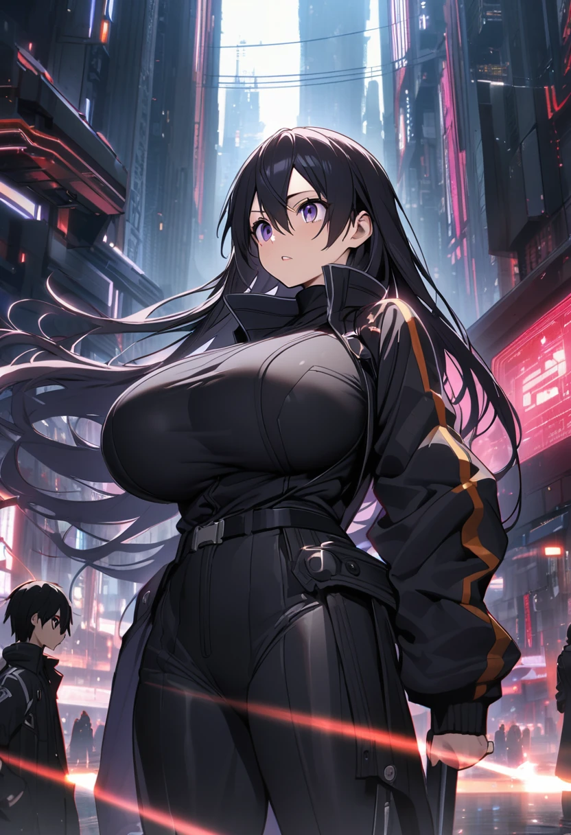 Kirito, Black Swordsman Clothing Overthrow Jacket Black Shirt, blush, Purple Eyes, Long hair, Super big breasts breast enlargement Standing alone in the sci-fi city, full-body shot