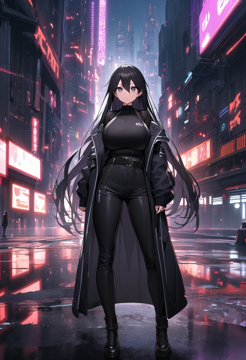 Kirito, huge breasts black swordsman costume overthrown Jacket black shirt, red face, purple eyes, long hair, standing alone in a sci-fi city, full-body shot