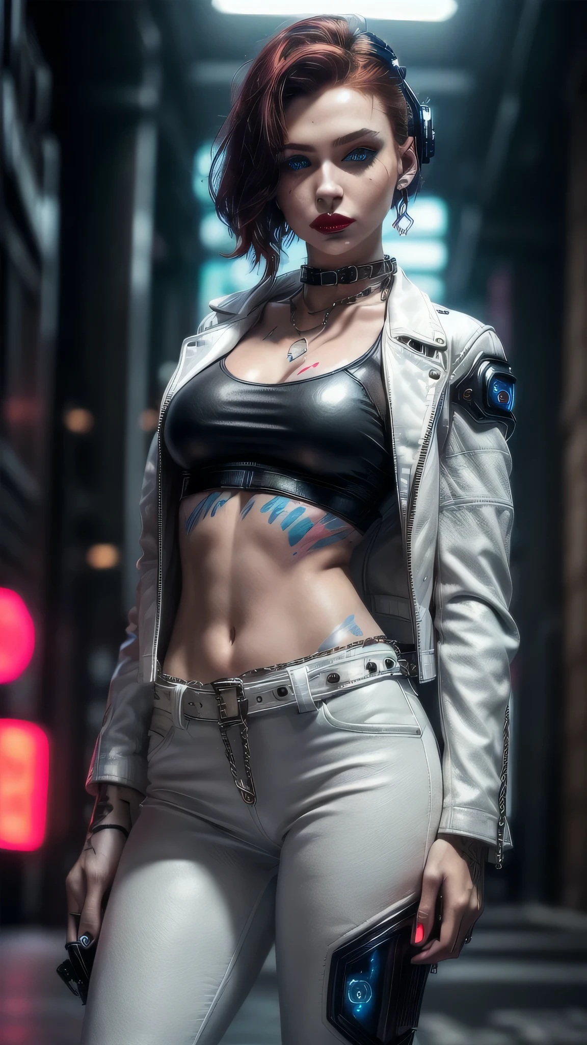 (masterpiece), (extremely intricate:1.3), (realistic), female, 19 years old, ((((([small breasts:large breasts:0.8], short [dark hair:bright ginger hair:0.7], solo, 1girl, sultry red lipstick, (athletic), futuristic cyberpunk street))))), metal reflections, outdoor, intense sunlight, golden hour, professional photograph of a stunning girl detailed, sharp focus, dramatic, award winning, cinematic lighting, volumetrics dtx, (film grain, blurry background, blurry foreground, bokeh, depth of field, interaction), 8K, ((((iceblue eyes, dark eye makeup)))), ((body tattoo: 1.2)), ((fujicolor, god rays)) BREAK; BREAK ((((white leather jacket, collar, chains), leather pants, black t-shirt), hyperrealistic, absurdres))
