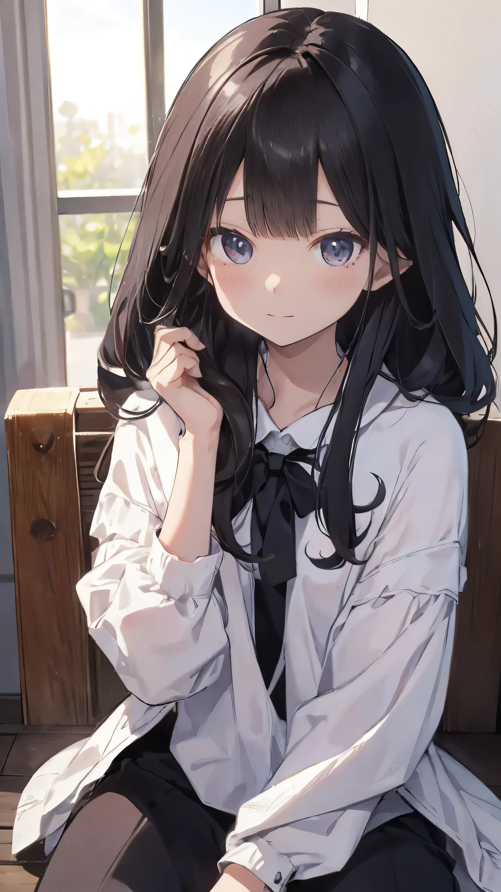 Masterpiece、Highest quality、highest quality、Black Hair、(((Lori)))、 ((Petite))、Shiny hair quality、Small face、Sitting、Super detailed, beautiful, wide eyes、Ultra-detailed, clear and beautiful faces、(cute illustration:1.2), High-resolution, ultra-detailed, best quality, embarrassed
