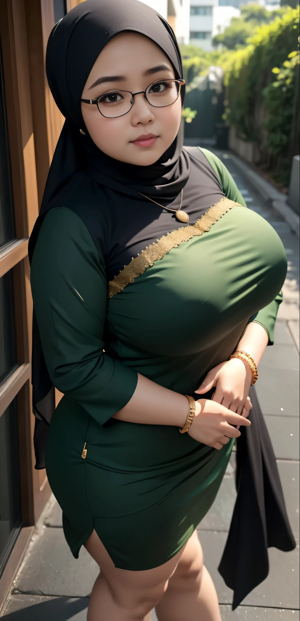 1 malay girl, modern plain hijab, shy, medium portrait, watery eyes, wearing dark green kebaya, ((big breasts)), black bokeh background, well-proportioned body,, chubby massive thighs, full body pose, wearing a necklace , wearing 10 bracelet , wearing a sneaker , glasses
